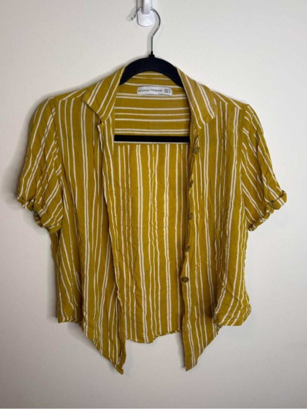Faithfull the Brand Mustard and White Striped Short-Sleeve Button Front Shirt